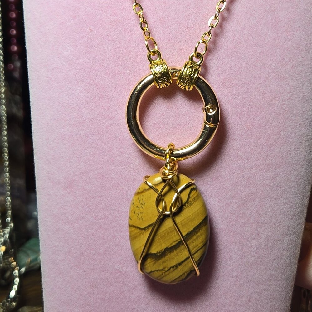 Hand Crafted Wire Wrapped Picture Jasper Swaps Gold Tone Pendant Necklace